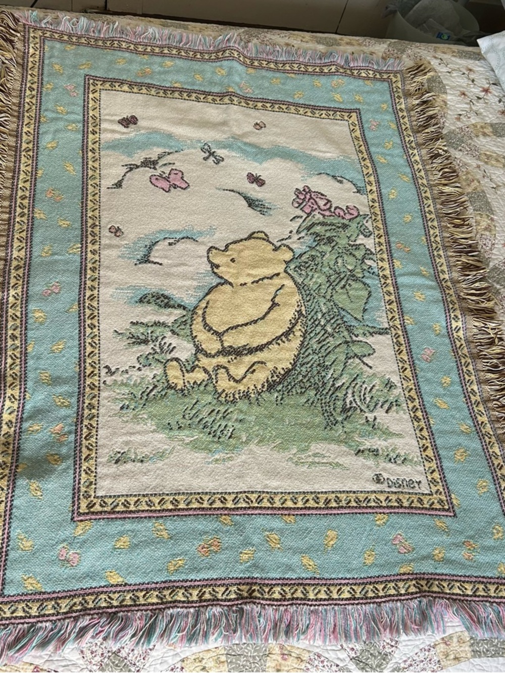 VTG Disney Winnie The Pooh Woven Blanket Tapestry Rug Throw Wall Decor 46”x36”